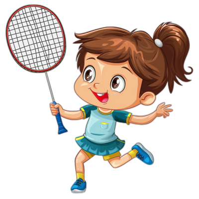 Cute girl playing badminton in the style of clip art with a black background.