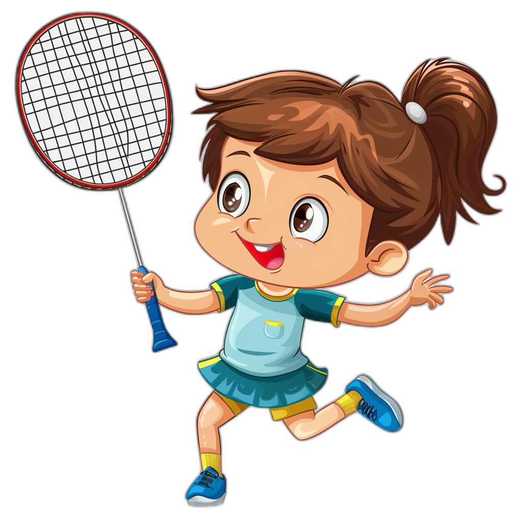 Cute girl playing badminton in the style of clip art with a black background.