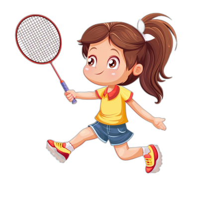 A cute little girl playing badminton, cartoon style, vector illustration, flat design, simple and clean black background, high resolution, no shadows on the body, solid color  with short sleeves, holding racket in hand. The eyes have big eyelashes, brown hair is tied into ponytails, wearing yellow T-shirt and blue shorts, red shoes. She runs forward to hit it.,,in focus,,D&D artstyle