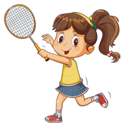 A cute little girl playing badminton in the style of clip art, in the style of vector graphic on black background.