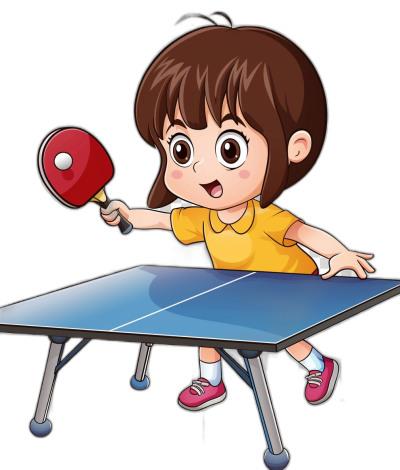 Cute cartoon girl playing table tennis in the style of clip art, in the style of vector illustration, on a black background, with a simple design, at a high resolution, with high detail, and high quality.