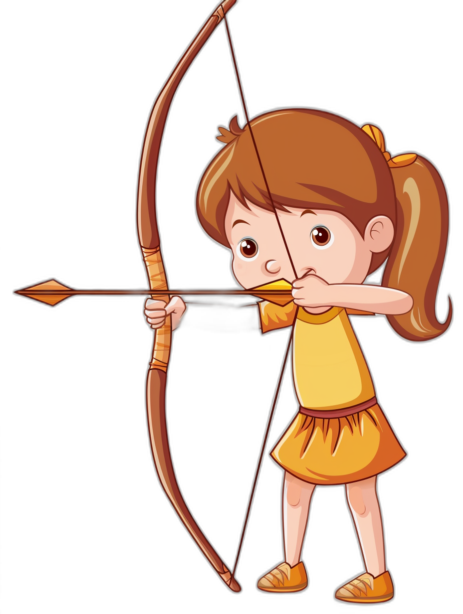 A cute cartoon girl is shooting with an arrow. The drawing is in a simple style with a vector illustration on a solid black background. It is a full body shot of the girl with a bow and quiver on her back. She has brown hair in pigtails and is wearing a yellow dress.