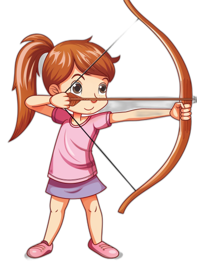 A cartoon-style girl with brown hair in pigtails, wearing pink shorts and shirt is shooting an arrow from her bow isolated on black background, simple illustration