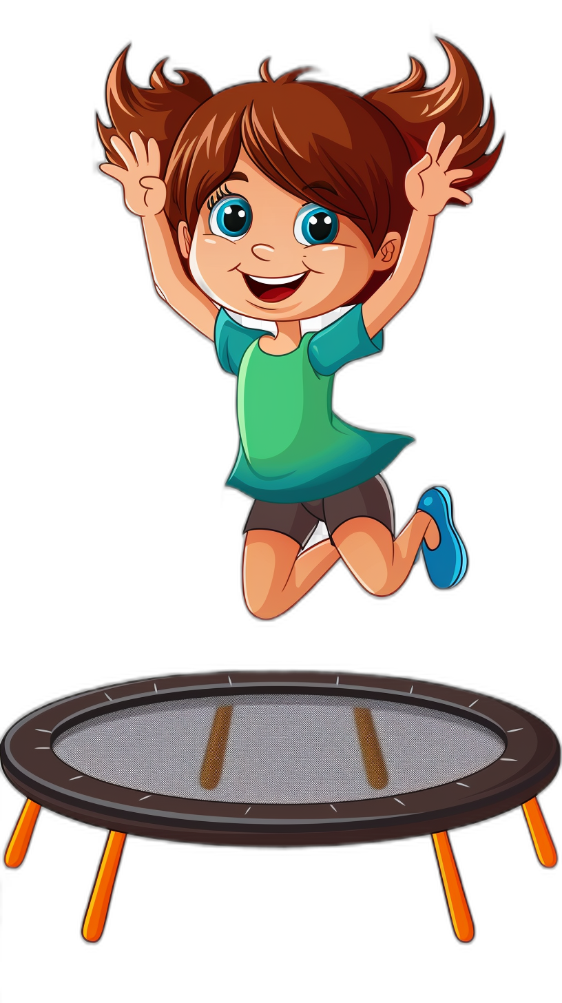 A cartoon girl jumping on the trampoline, vector illustration style with black background, cute and cheerful expression, bright colors, high resolution. The character is wearing casual  suitable for playing sports in an indoor playground. She has brown hair tied into pigtails and blue eyes. Her hands are raised above her head as she jumps up from atop of the round bed-like trampolines, showing excitement and joy.