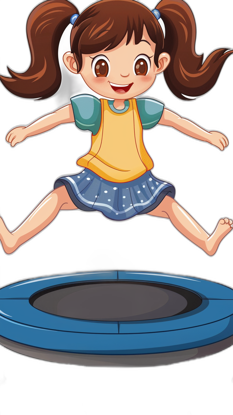 A cute little girl is jumping on the trampoline in a simple flat style cartoon vector illustration with a black background. She has long brown hair and bangs tied in pigtails wearing an orange T-shirt, yellow shirt and blue skirt with a white headband and a happy expression. The color of her  can be any combination to suit your needs. A large round dark gray rectangular metal border surrounds them at all four corners. Minimalist art in a flat design style using vector graphics.