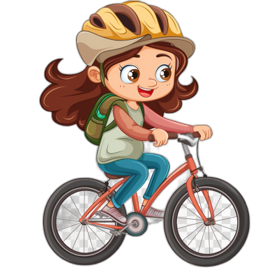 A cute girl is riding her bike in the style of a cartoon, vector illustration with a white background. She wears an amber helmet and has brown hair in pigtails. Her outfit includes blue pants and a green shirt. The bicycle's color should be red or orange to complement the character design. Vector Illustration on an isolated black background. Isolated object without shadows, isolated graphic element for children book illustration clipart.