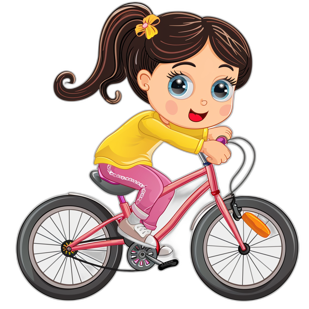 A cute little girl cartoon character riding her bike vector sticker art with a black background, wearing yellow and pink  in the style of clipart design.