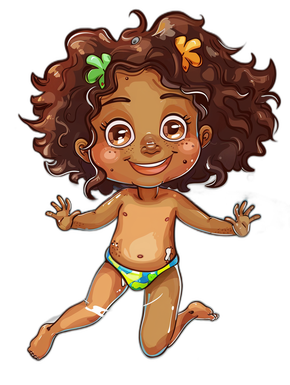 A cute happy baby girl with brown skin, big eyes and curly hair jumping up wearing swimming trunks in the style of a vector cartoon sticker design on a black background.