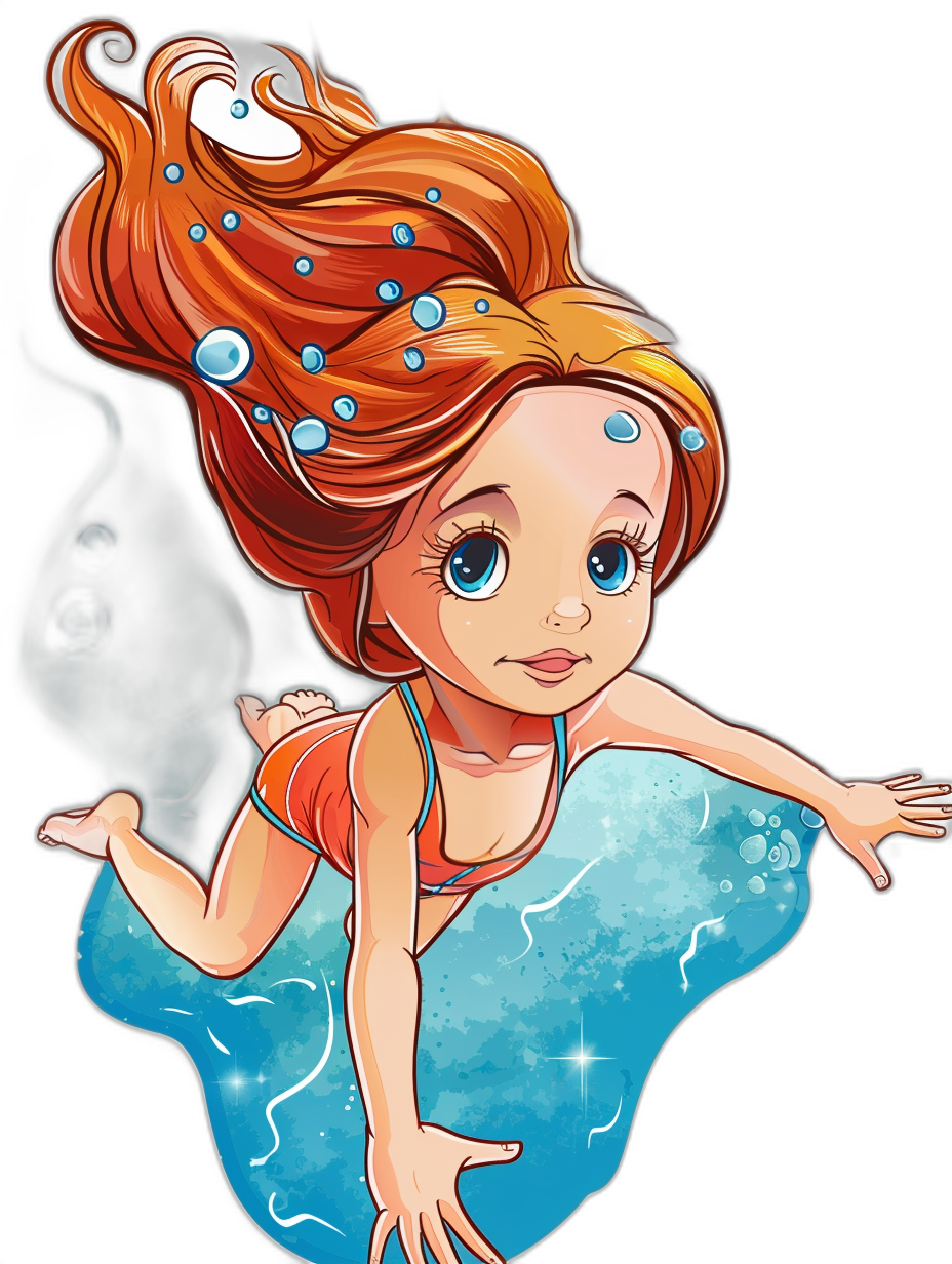 A cartoon illustration of an adorable mermaid with red hair, swimming on her back. She has big blue eyes and is wearing cute little orange  against a black background, in the style of chibi.