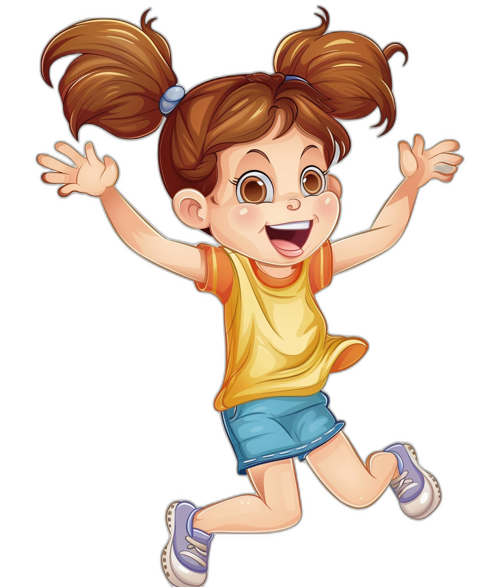 A cute little girl with pigtails, smiling and jumping for joy in the style of digital cartoon art, in an illustration on a black background, clipart design.