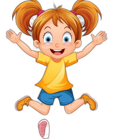 A cute happy little girl with pigtails jumping in the air, in the style of clip art on a black background.