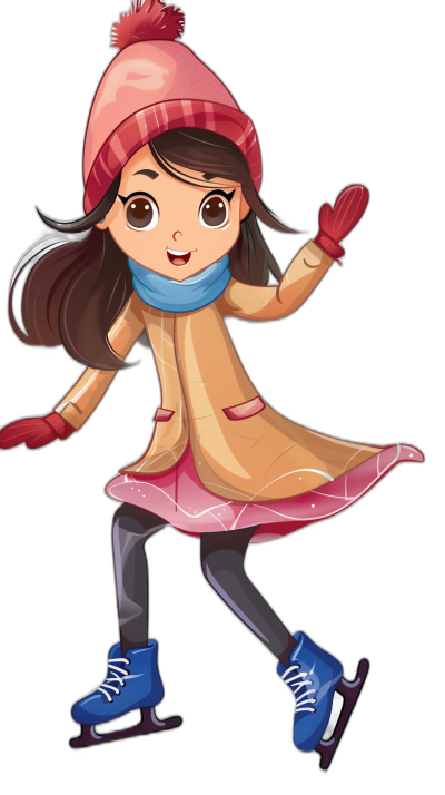 A cute girl in winter  is ice skating, wearing gloves and a hat, in the style of a cartoon, vector illustration with a black background. She has long brown hair tied back. Her outfit includes blue roller skates under her skirt, a pink scarf around her neck, a dark red coat over the top of her dress, and a red beanie on her head. The overall feel should capture an energetic vibe. No shadows or textures to emphasize flat colors.