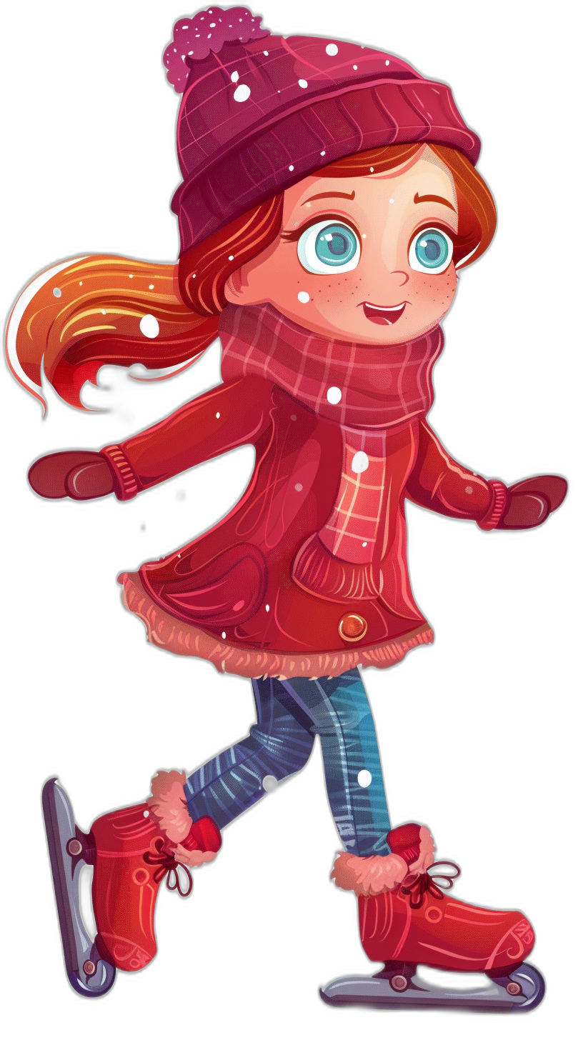 A cute girl in a red coat, hat and scarf skating on ice skates in the style of a cartoon. Black background. The little girl has blue eyes, long hair, pink lips, wearing gloves and boots. The illustration is a flat design, vector, high resolution with high detail and quality. It is a 3D rendering of a 2d character in a colorful, cute and cartoon style showing the full body portrait from a wide angle in the style of a cartoon.