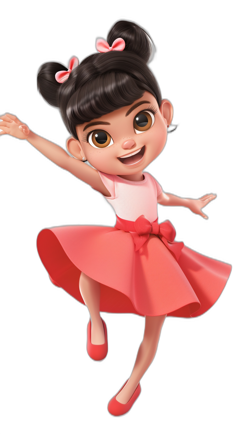 A cute little girl in a pink and red dress dancing ballet with a black background, in the style of Disney Pixar character design sheet, in the Disney cartoon style, a cute cartoon character, a full body front view of the head with black hair in two pigtails and a happy expression with big eyes and bright colors, a 3D rendering with a black background.