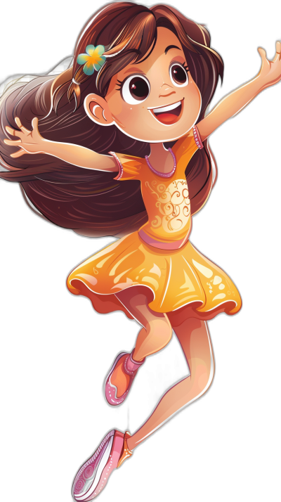 Dora the Explorer in the style of Pixar, jumping with joy on a black background. With a full body, big eyes, long brown hair, yellow dress and pink shoes. A happy face in a cartoon style with high resolution.