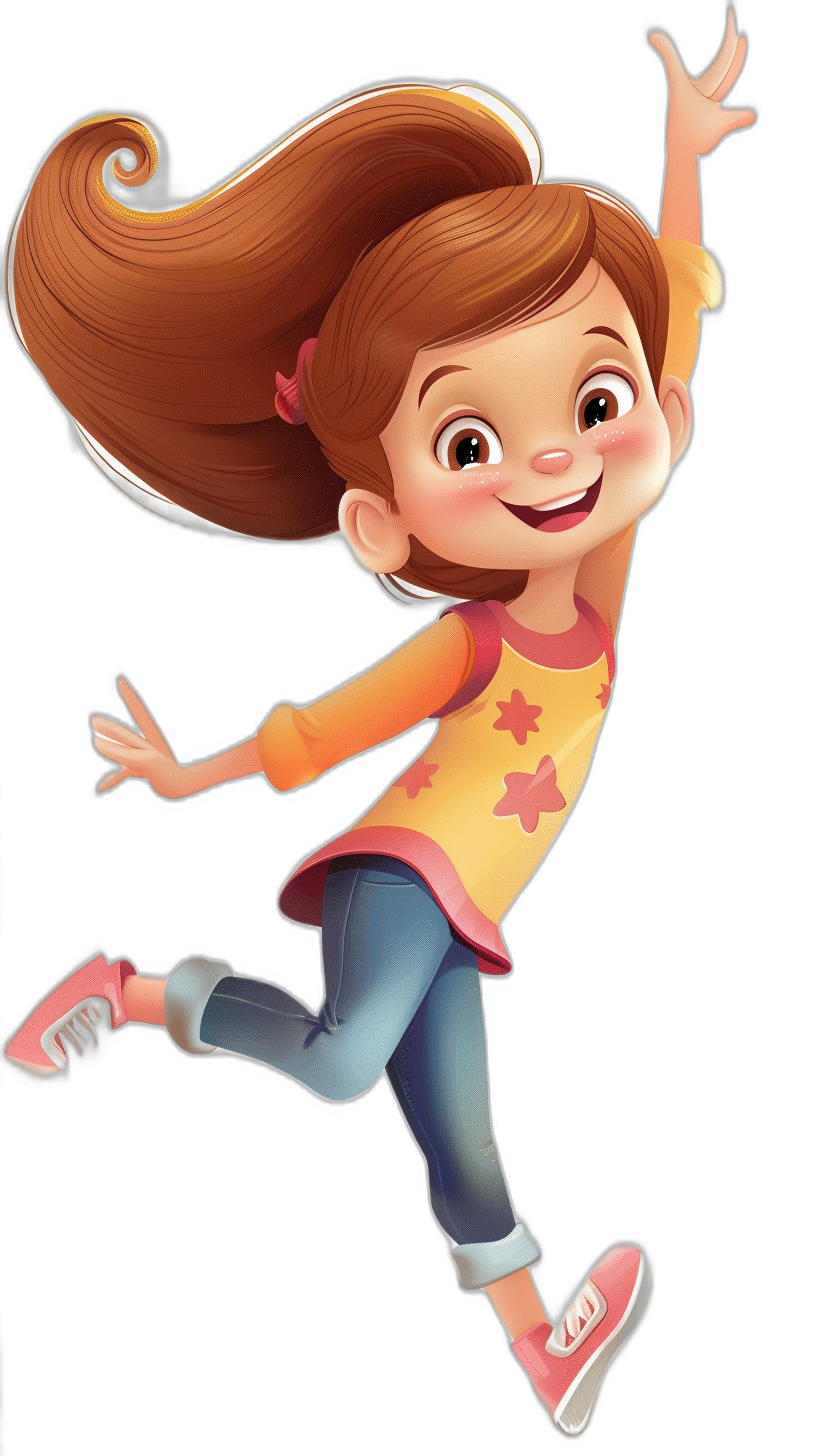 A cute girl illustrated in the style of Pixar jumping with a happy facial expression and smiling eyes. She is wearing a yellow top, red shoes, and jeans with her brown hair in a ponytail on a black background. A full body portrait of a Disney cartoon character in high resolution, high quality, and with high detail color.