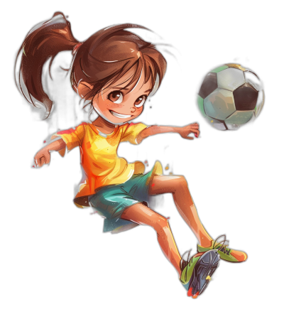 A cute chibi girl kicking a ball in an anime style on a black background, wearing a yellow shirt and green shorts with orange shoes. Her hair is brown and in a ponytail at the back of her head. There is a football beside her and she has a smiling face. The character design is for a game character in the style of an anime artist.