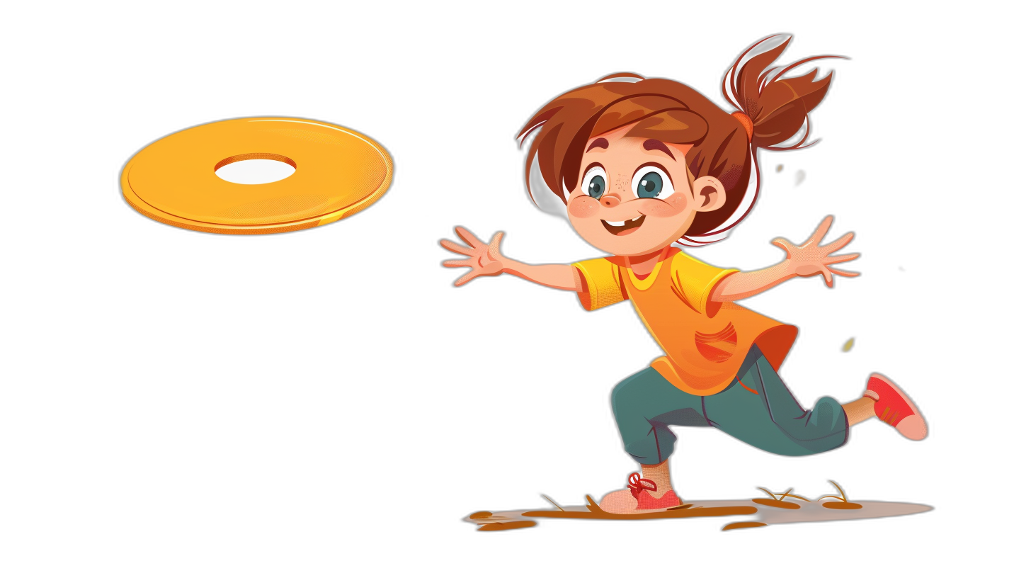 A cartoon girl is playing frisbee in a vector illustration with a black background and simple, cute style with simple details and high resolution. There are no shading details or gradients in the design. The colors of her  match well with the color scheme of the game. She has long brown hair tied into pigtails. A large yellow Frulate is on top. Her right hand is holding an orange dish as she throws it forward. It appears to be flying through mid-air from a front view.