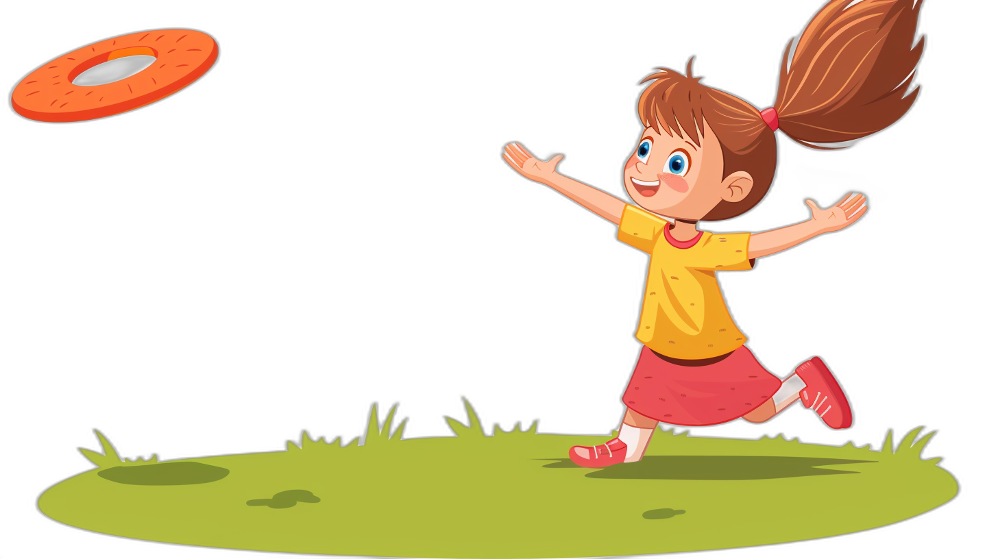 A cartoon girl is playing frisbee on the lawn in a flat illustration style with a black background and colorful colors. The little girl has long brown hair in pigtails tied into two ponytails, wearing an orange t-shirt and red skirt, smiling brightly as she throws her arm forward to throw a light pink circular frisbee. Everybody is drawn in the style of vector art.