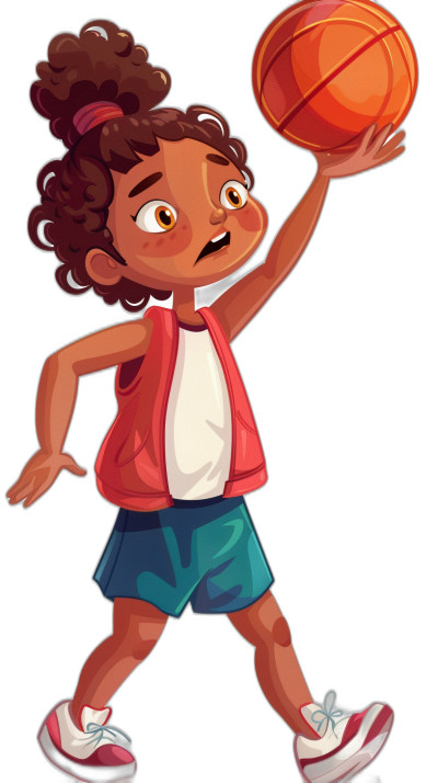 A cute little girl basketball player in the style of digital illustrations, character caricatures, and children's book illustration, with a dark background, holding up a ball in a full body shot, wearing a red vest and blue shorts with white shoes, with black curly hair and a happy expression.