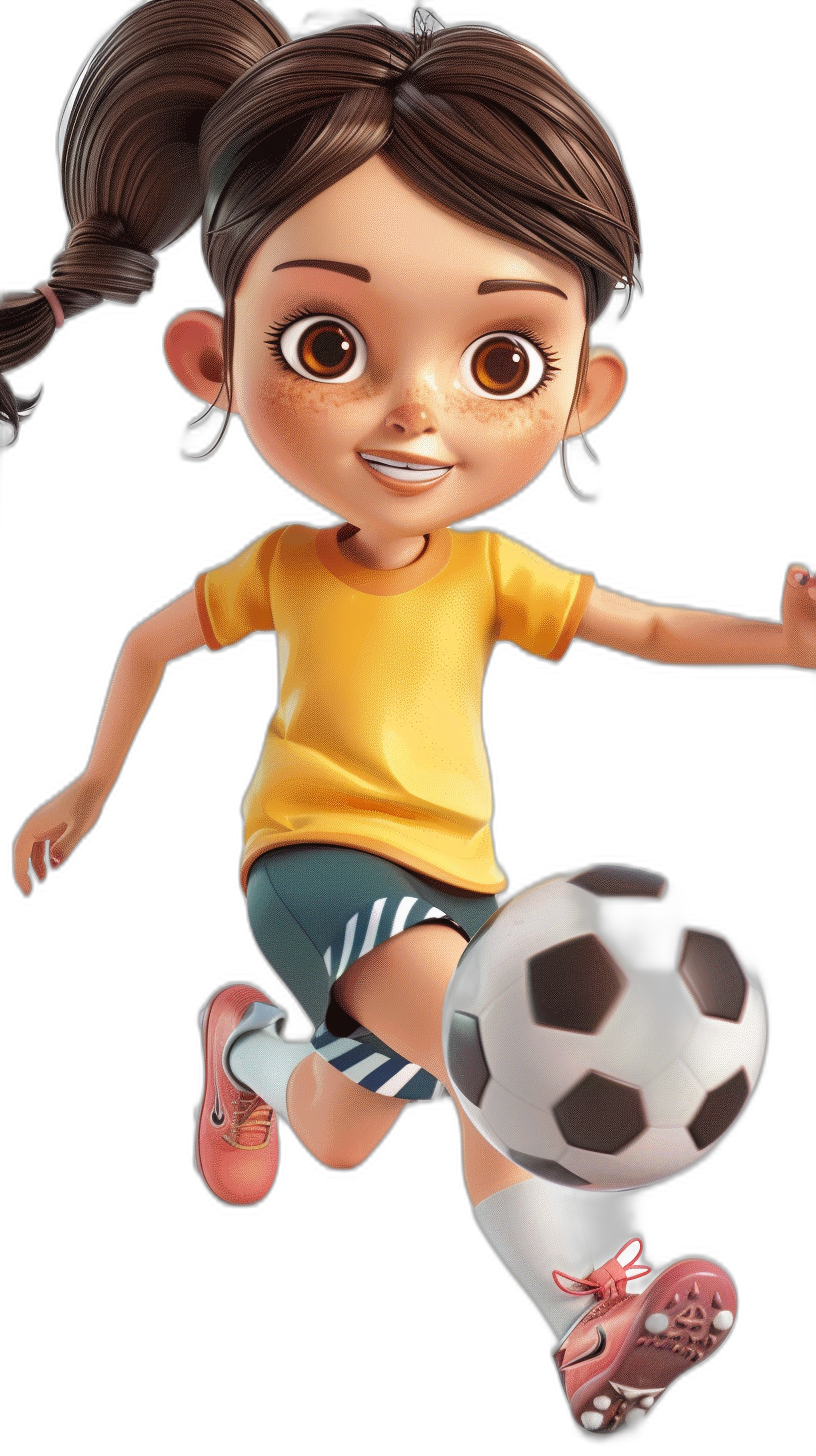 A cute little girl playing football, wearing yellow short sleeves and black shorts with brown hair in pigtails, kicking the ball forward in the style of Disney Pixar, full body shot against a black background, 3D rendered cartoon character design full of vitality in bright colors with soft lighting and lively movements.