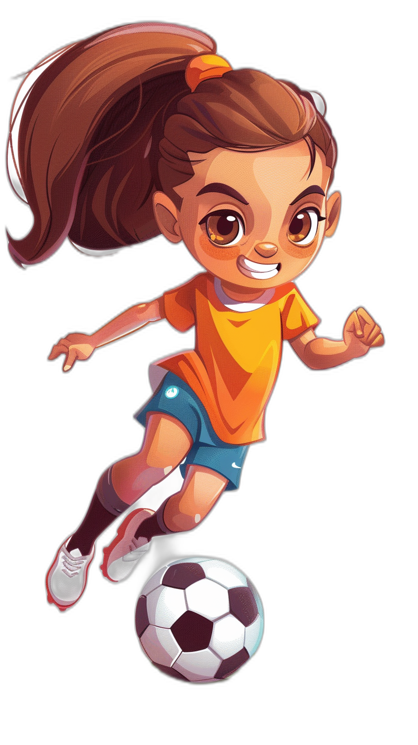 A cute little girl playing soccer in a cartoon style on a simple black background. This vector illustration shows a full body shot of her wearing orange and blue short sleeves with white shorts underneath, as she jumps to kick the ball. She has big eyes, a happy expression, and brown hair in a ponytail. The flat design uses bright colors with high saturation, making the scene full of vitality.