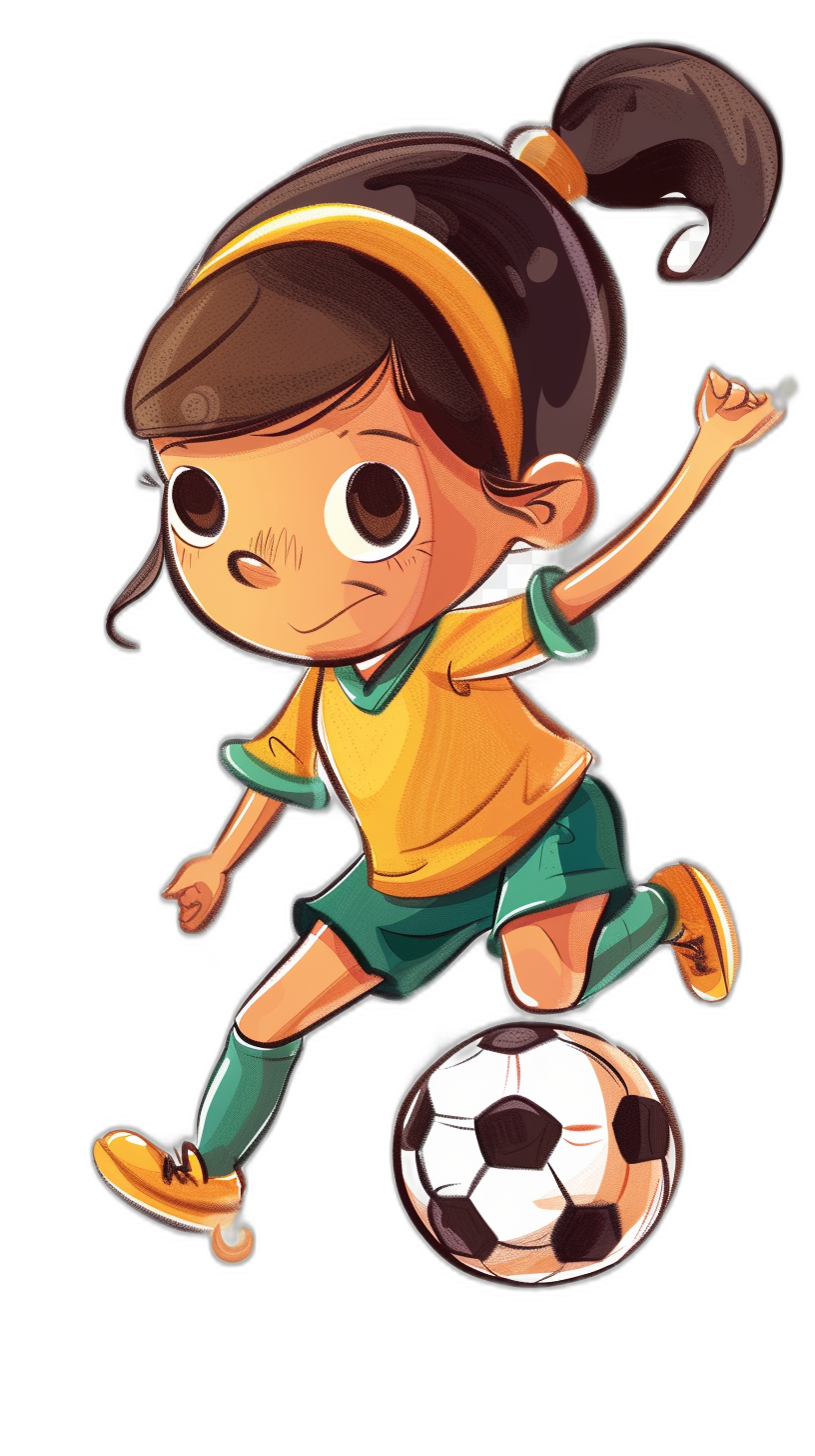 A cute little girl playing soccer in an Asian style, with a cartoon character design using simple lines and a black background. She is wearing green shorts and a yellow t-shirt, holding the ball on her foot ready to shoot, with lively facial expressions and movements. It is in the chibi anime illustration style, a full body portrait with high definition.