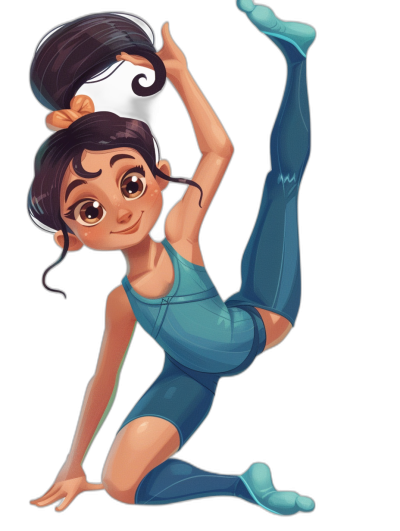 2D cartoon in the style of Pixar of an athletic girl doing gymnastics on a black background. She has brown skin with dark hair tied back in a high ponytail. Her eyes have long eyelashes. She is smiling with her hands behind her head and one leg up. The girl is wearing blue spandex leggings and a white sport top.