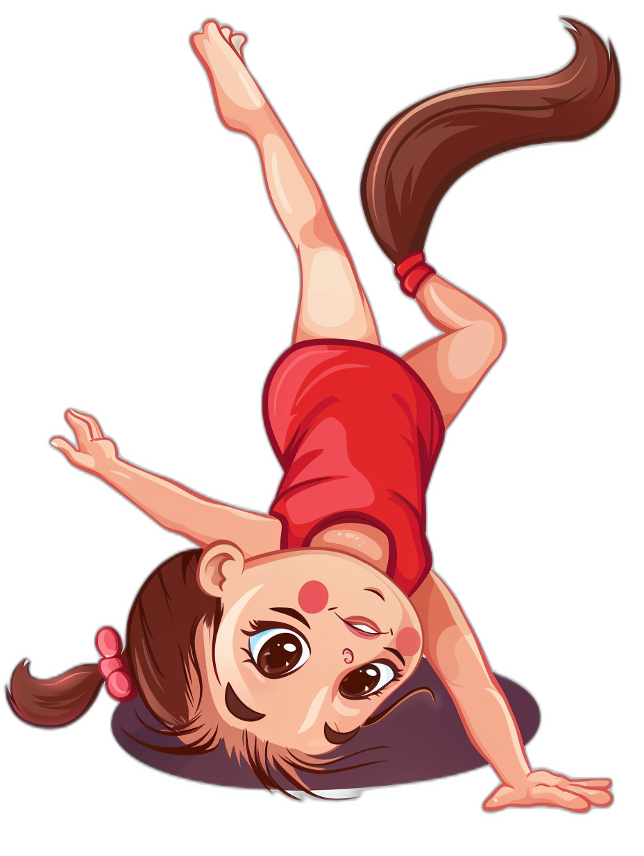 A little girl doing handstand, vector illustration for stickers , cartoon character in red dress with brown hair and big eyes on black background