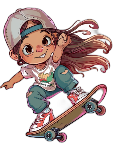 A cute little girl is skateboarding in the style of a vector illustration. The flat illustration is in a cartoon and anime style with a black background. She is wearing colorful  and a cap with a "CIntegral" logo on it. She has long hair, big eyes, and is smiling. The illustration has high detail with pink shoes, red sneakers, and white socks. It is done in a sticker art style with clean lines and is ultra-high definition, high resolution, and high quality.