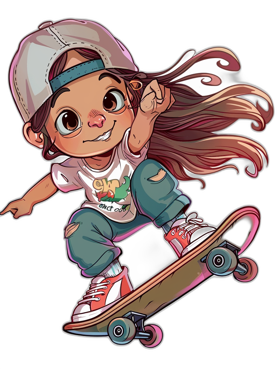 A cute little girl is skateboarding in the style of a vector illustration. The flat illustration is in a cartoon and anime style with a black background. She is wearing colorful  and a cap with a “CIntegral” logo on it. She has long hair, big eyes, and is smiling. The illustration has high detail with pink shoes, red sneakers, and white socks. It is done in a sticker art style with clean lines and is ultra-high definition, high resolution, and high quality.