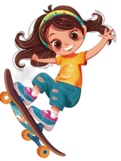 A cute little girl is skateboarding in a vector illustration style with a black background and colorful colors. She is wearing colorful , cartoon character headbands, and sports shoes. She is smiling happily as she jumps up high to jump down from her skateboard. She has long brown hair and big eyes, wearing bright T-shirts and jeans. The character's expression is lively and cheerful while wearing  of various hues.