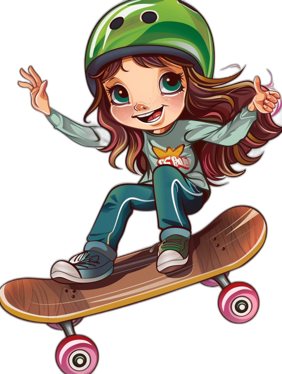 A chibi girl wearing green helmet and blue pants is skateboarding, sticker style cartoon illustration with black background. She has long brown hair and big eyes, smiling brightly while riding her skateboard on the street. The focus of his body should be centered around him in full view. Her  have bright colors that stand out against a dark backdrop. The overall atmosphere captures an energetic vibe as she skillfully rides across concrete.