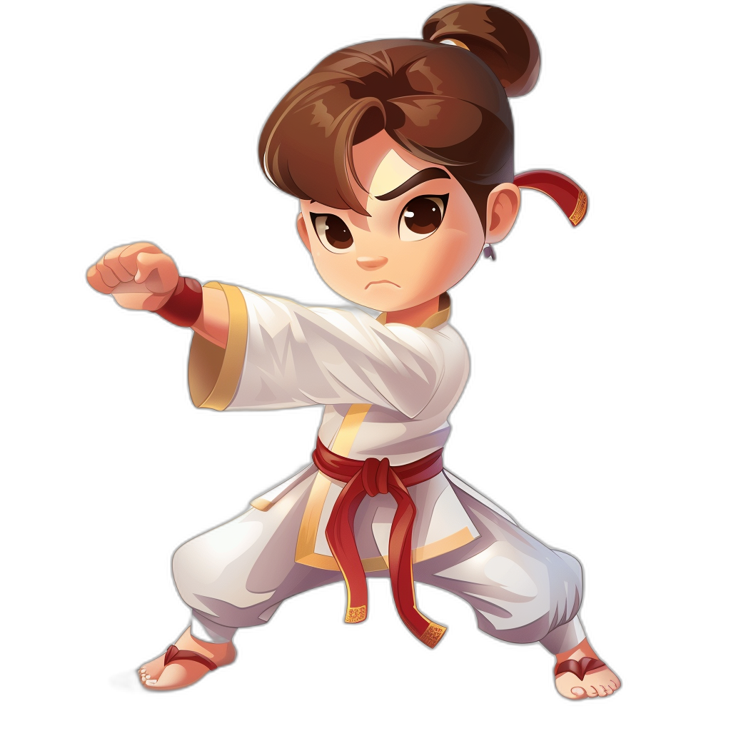 A little girl with brown hair in buns doing karate stances, dressed as an Asian martial artist character from the Street Fighter game series, wearing white pants and red belt. She has big eyes and is standing upright against black background. The illustration style should be cartoonish, similar to classic video games graphics, with vibrant colors and bold outlines.