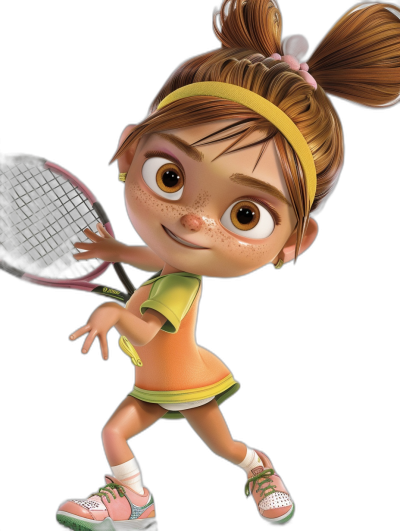 A little girl playing tennis, cute and colorful in the style of Disney Pixar with big eyes, brown hair in pigtails holding a pink racket wearing an orange top, green shorts white shoes and yellow headband on black background, in the style of Disney Pixar cartoon, cute, adorable, 3D.