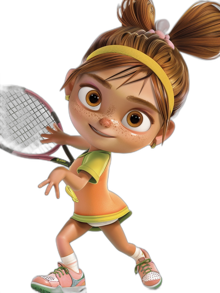 A little girl playing tennis, cute and colorful in the style of Disney Pixar with big eyes, brown hair in pigtails holding a pink racket wearing an orange top, green shorts white shoes and yellow headband on black background, in the style of Disney Pixar cartoon, cute, adorable, 3D.