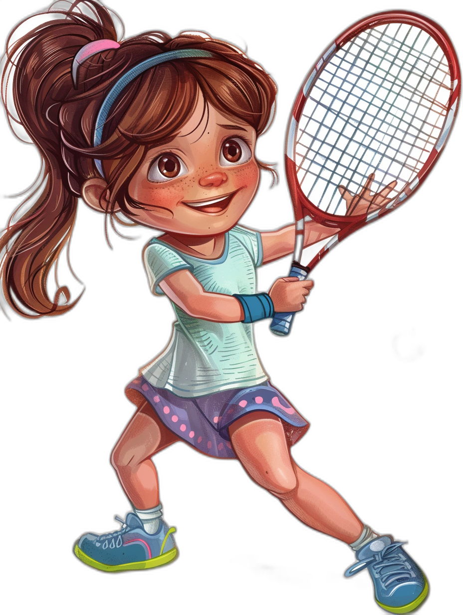 A cute little girl playing tennis, full body portrait, in the style of Disney with bright colors and black background. She has brown hair in pigtails, big eyes, rosy cheeks, wearing sports , holding a racket and hitting the ball. The illustration is created using digital art techniques to create a vibrant effect, showcasing her cheerful expression and active posture.