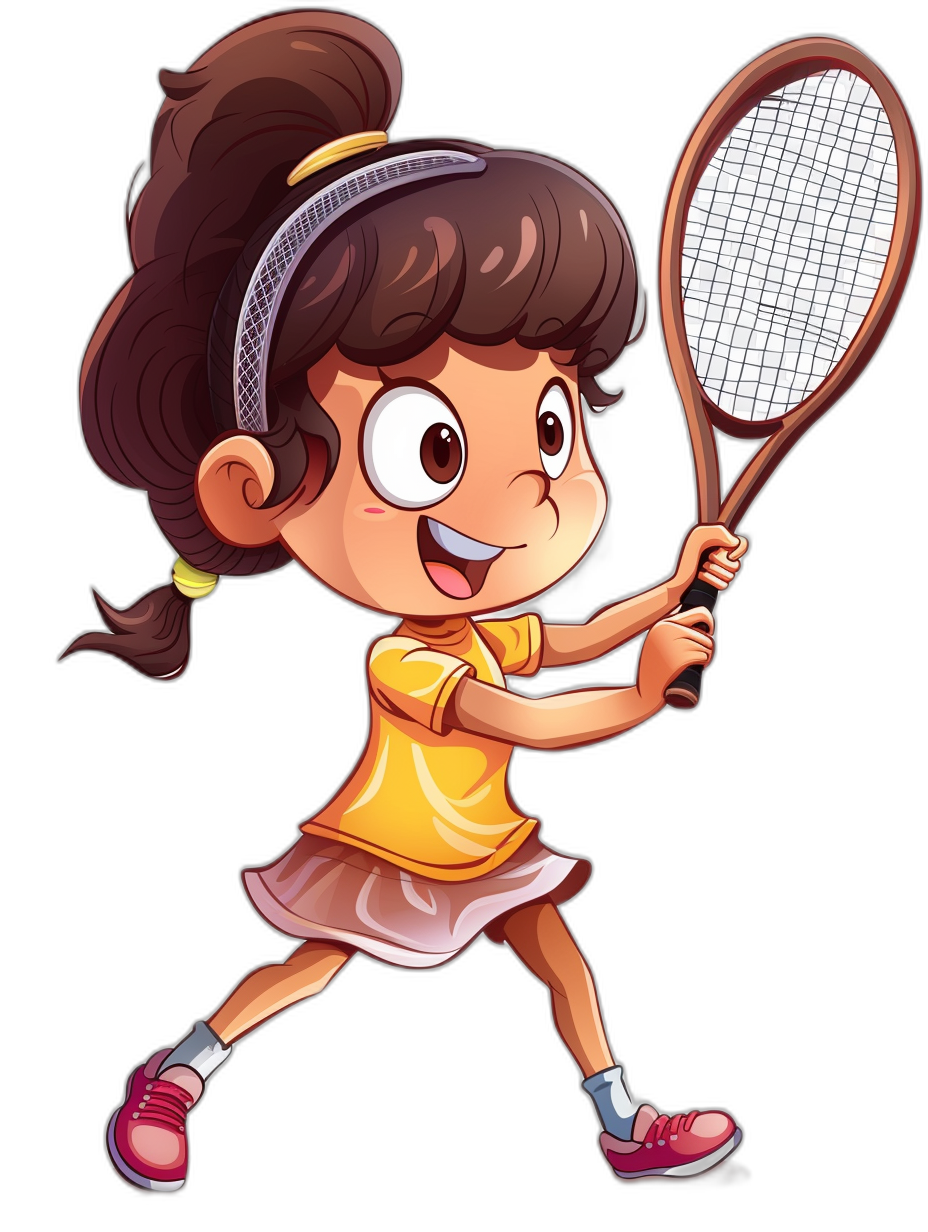 cartoon illustration of a cute little girl playing tennis in the style of clip art, in the style of black background, high resolution vector