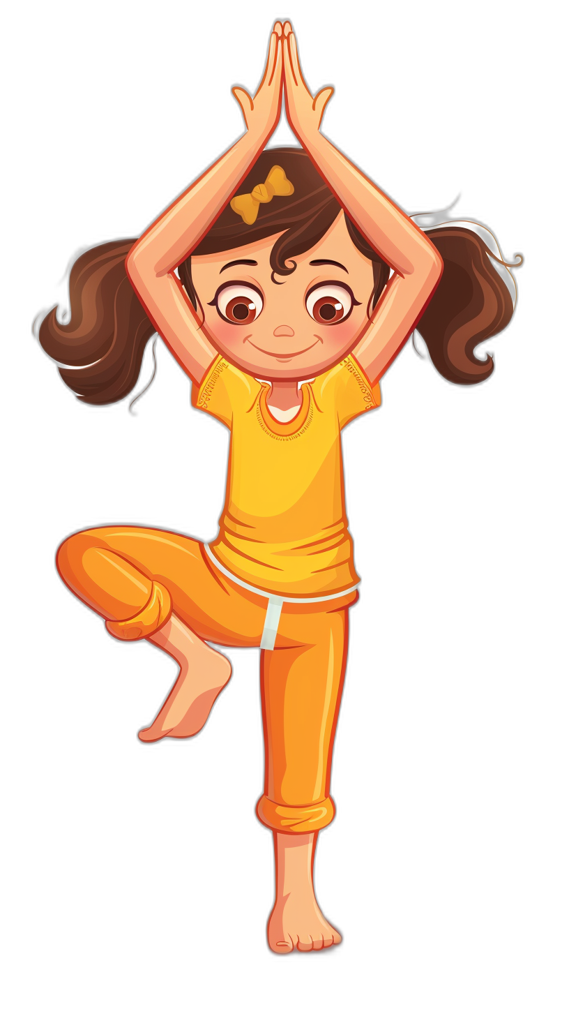 cartoon girl doing yoga in the style of vector illustration against a solid black background showing her full body with a cute and happy face. She has brown hair in a ponytail with a bow on one side of her head, wearing a yellow shirt and orange pants with her hands up high above her chest and legs straight down to the ground.