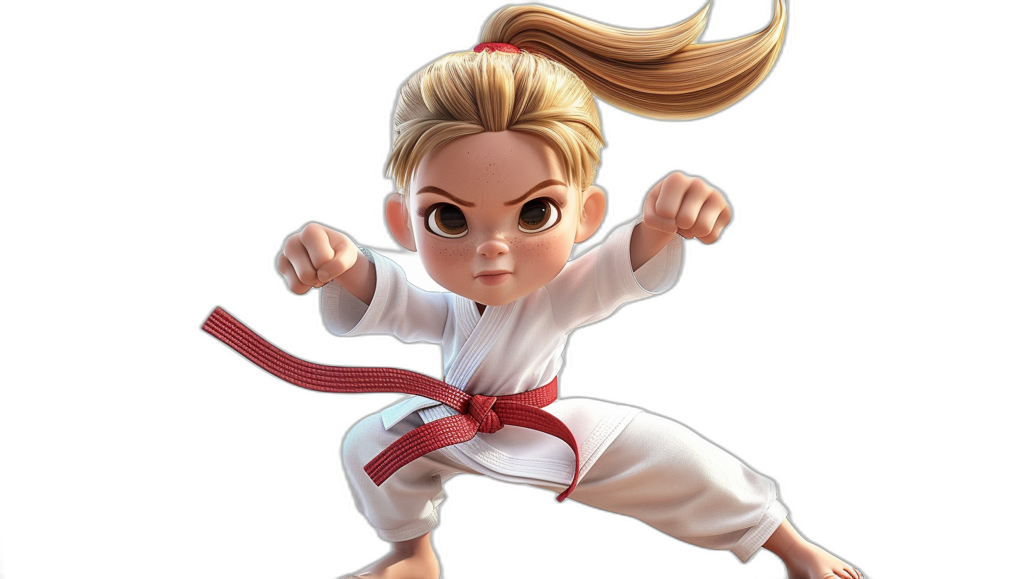 A young girl with blonde hair in pigtails doing karate. She wears a red belt and white outfit and is depicted in the style of Pixar character design on a black background.