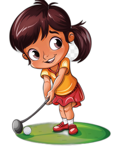 A cute little girl playing golf in the style of clip art style cartoon, isolated on a black background.