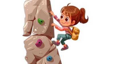 A cute cartoon girl climbing rock wall, isolated on black background, colorful vector illustration for game art.