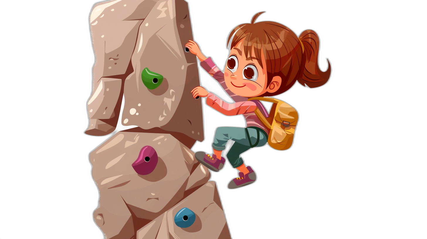 A cute cartoon girl climbing rock wall, isolated on black background, colorful vector illustration for game art.