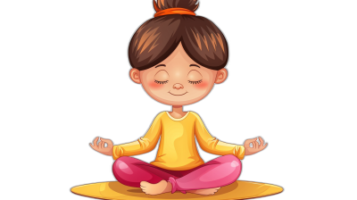 cartoon girl doing yoga in the style of clip art, isolated on black background, cute and funny, simple design, flat colors, simple lines, simple shapes, cute character illustration, vector graphic logo for kids book, flat shading, flat lighting, children's storybook illustration, cute little cartoon face with closed eyes wearing a yellow shirt and pink pants sitting in lotus position