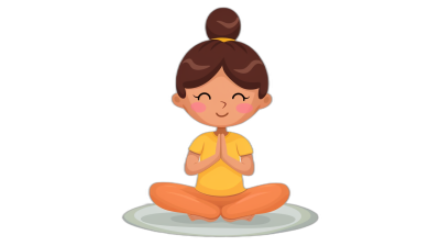 A cute girl doing yoga in an illustration with a flat design style and a black background. The character is sitting in lotus position and smiling at the camera. She has brown hair tied into two buns on top of her head. Her eyes are closed and she's holding her hands together as if to pray or meditate. There should be no shadows around her. This gives an adorable cartoon-like appearance to the clipart. Emphasize vibrant colors for a childlike charm while maintaining simplicity and clarity in the design.