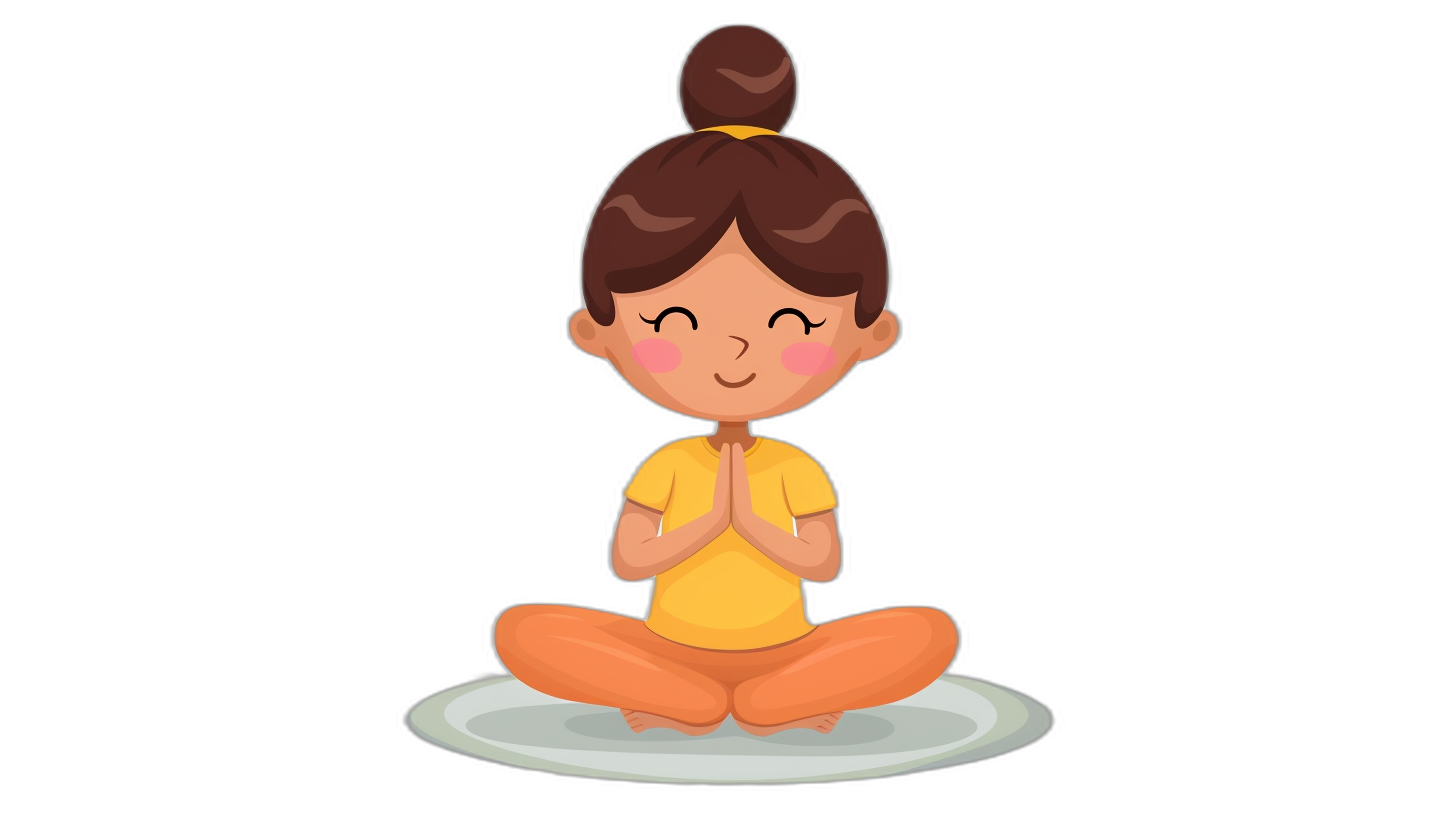 A cute girl doing yoga in an illustration with a flat design style and a black background. The character is sitting in lotus position and smiling at the camera. She has brown hair tied into two buns on top of her head. Her eyes are closed and she’s holding her hands together as if to pray or meditate. There should be no shadows around her. This gives an adorable cartoon-like appearance to the clipart. Emphasize vibrant colors for a childlike charm while maintaining simplicity and clarity in the design.