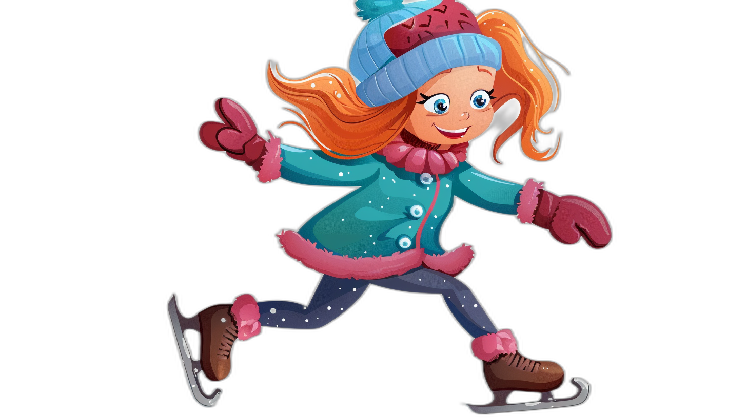 Cute cartoon girl ice skating, clip art on black background, vector illustration for print, high resolution, no text or logo, high detail, 3D rendering, full body portrait, professional photography, colorful, high contrast, vibrant colors, studio lighting, isolated white background