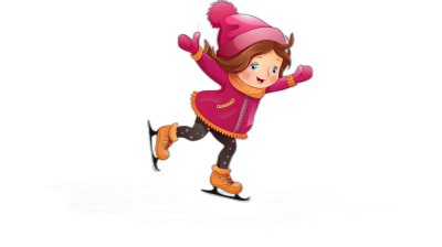 Cute girl ice skating, wearing a pink coat and hat with orange boots. The design is in the cartoon character style with a black background. The animation style is 2D with simple shapes and a cute face. Bright colors and simple lines are used without shadows. The image is high quality, high resolution and high detail.