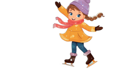 Cute cartoon girl ice skating in the style of winter outfit with scarf and hat, isolated on black background. Vector illustration of a child in a warm coat playing with figure skates in the style of flat design and flat color with vector graphics using simple shapes and simple details in a 2D animation style with no shadows, no gradients, low detail, low resolution and low noise.