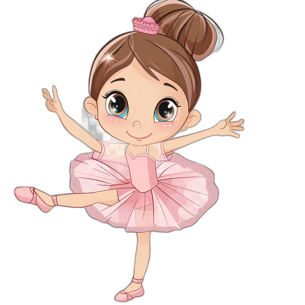 Cute little girl ballerina clip art, pink tutu and ballet slippers, vector illustration on black background, in the style of chibi.